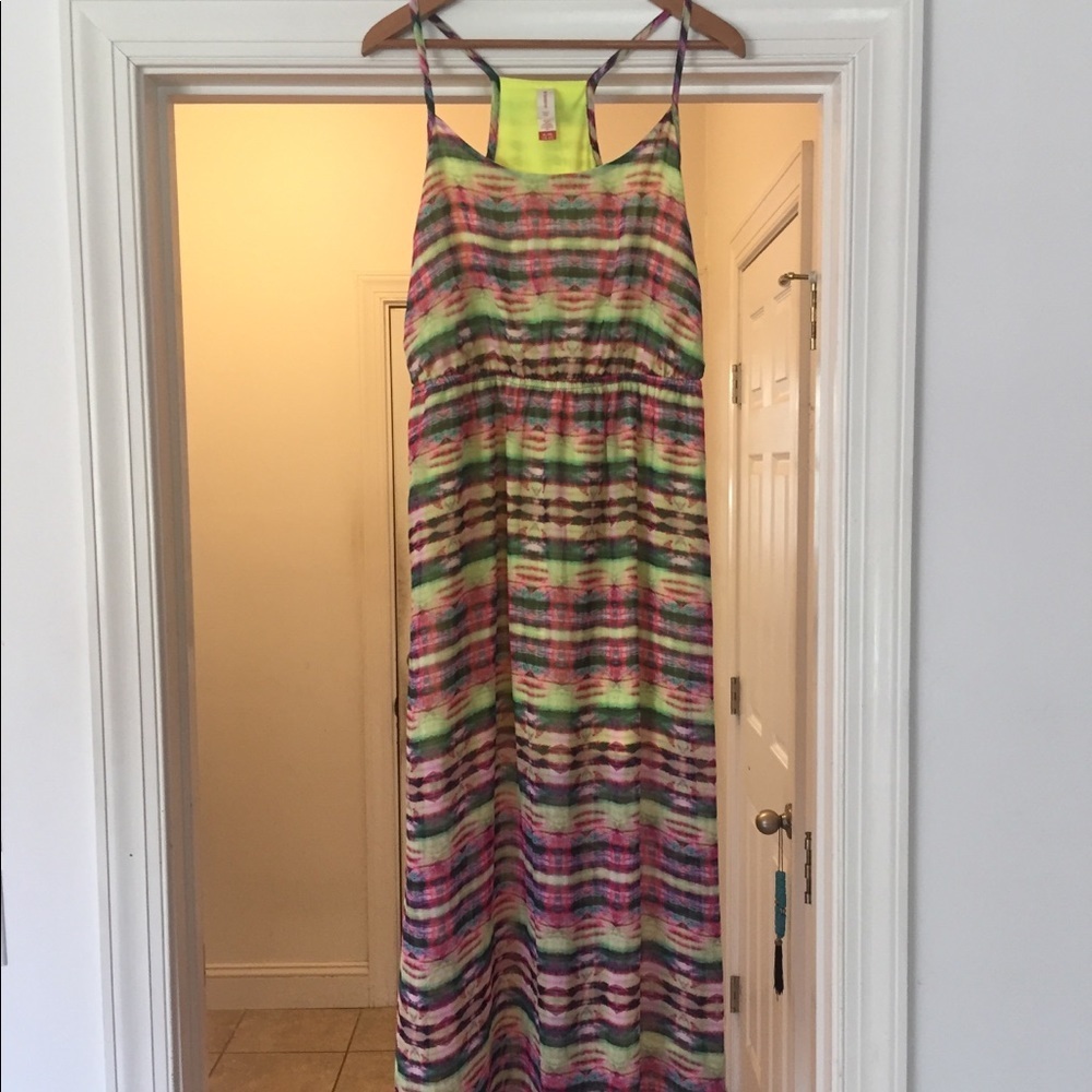 Maxi DRESS spaghetti straps pink and yellow stripe XL Juniors